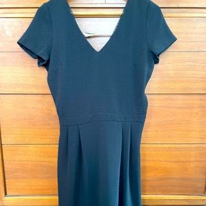 Sezane black short dress, cross back V-neck with tie, cap sleeves, lace detail